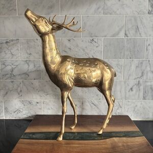 Large 14” Vintage Brass Deer Statue: Mid-Century Lodge Cabin Decor